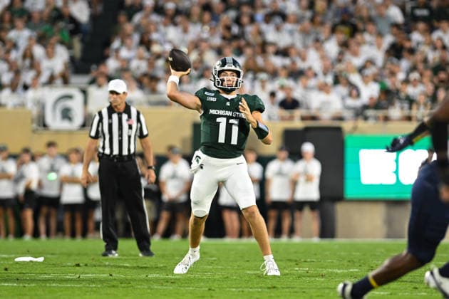 EAST LANSING, MI - SEPTEMBER 04: Michigan State Spartans quarterback Alessio Milivojevic (11) stands in the pocket to deliver a pass during a college football game between the Michigan State Spartans and Toledo Rockets on September 4, 2026 at Spartan Stadium in East Lansing, MI. (Photo by Adam Ruff Icon Sportswire) COLLEGE FOOTBALL: SEP 04 Toledo at Michigan State EDITORIAL USE ONLY Icon260908006