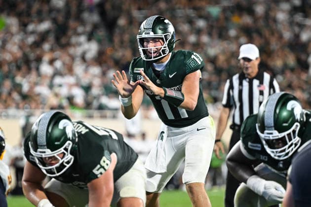 EAST LANSING, MI - SEPTEMBER 04: Michigan State Spartans quarterback Alessio Milivojevic (11) calls for the snap during a college football game between the Michigan State Spartans and Toledo Rockets on September 4, 2026 at Spartan Stadium in East Lansing, MI. (Photo by Adam Ruff Icon Sportswire) COLLEGE FOOTBALL: SEP 04 Toledo at Michigan State EDITORIAL USE ONLY Icon260908033