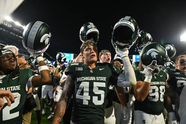 EAST LANSING, MI - SEPTEMBER 04: Michigan State linebacker Brady Pretzlaff (45) celebrates with his teammates following a college football game between the Michigan State Spartans and Toledo Rockets on September 4, 2026 at Spartan Stadium in East Lansing, MI. (Photo by Adam Ruff Icon Sportswire) COLLEGE FOOTBALL: SEP 04 Toledo at Michigan State EDITORIAL USE ONLY Icon260908036