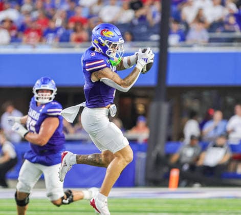 NCAA, College League, USA Football 2026: LIU Vs Kansas SEP 04 Sep 4, 2026: Kansas Jayhawks wide receiver Keaton Kubecka (3) makes a catch against Long Island Sharks in Lawrence, KS, USA; at Memorial Stadium. Mandatory Credit: Roman Puno-Cal Media (Credit Image: Â Roman Puno Cal Sport Media) Lawrence Ks USA EDITORIAL USE ONLY Copyright: xx ZUMA-20260904_zma_c04_042.jpg RomanxPunox csmphotothree517063