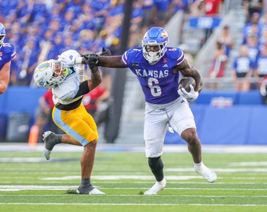 NCAA, College League, USA Football 2026: LIU Vs Kansas SEP 04 Sep 4, 2026: Kansas Jayhawks running back Yasin Willis (6) stiffs arm defender in Lawrence, KS, USA; at Memorial Stadium. Mandatory Credit: Roman Puno-Cal Media (Credit Image: Â Roman Puno Cal Sport Media) Lawrence Ks USA EDITORIAL USE ONLY Copyright: xx ZUMA-20260904_zma_c04_041.jpg RomanxPunox csmphotothree517064