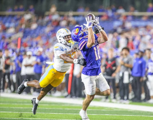 NCAA, College League, USA Football 2026: LIU Vs Kansas SEP 04 Sep 4, 2026: Kansas Jayhawks wide receiver Bryson Hayes (12) catches a pass against Long Island Sharks in Lawrence, KS, USA; at Memorial Stadium. Mandatory Credit: Roman Puno-Cal Media (Credit Image: Â Roman Puno Cal Sport Media) Lawrence Ks USA EDITORIAL USE ONLY Copyright: xx ZUMA-20260904_zma_c04_053.jpg RomanxPunox csmphotothree517072
