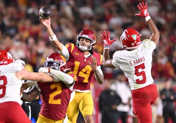 LOS ANGELES, CA - SEPTEMBER 04: Southern California Trojans quarterback Jayden Maiava (14) throws a pass over the line during the game between the USC Trojans and the Fresno State Bulldogs on September 04, 2026 at Los Angeles Memorial Coliseum in Los Angeles. (Photo by David Dennis Icon Sportswire) COLLEGE FOOTBALL: SEP 04 Fresno State at USC EDITORIAL USE ONLY Icon26090428