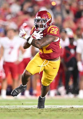 LOS ANGELES, CA - SEPTEMBER 04: Southern California Trojans running back Shahn Alston (22) rushes with the ball during the game between the USC Trojans and the Fresno State Bulldogs on September 04, 2026 at Los Angeles Memorial Coliseum in Los Angeles. (Photo by David Dennis Icon Sportswire) COLLEGE FOOTBALL: SEP 04 Fresno State at USC EDITORIAL USE ONLY Icon26090438