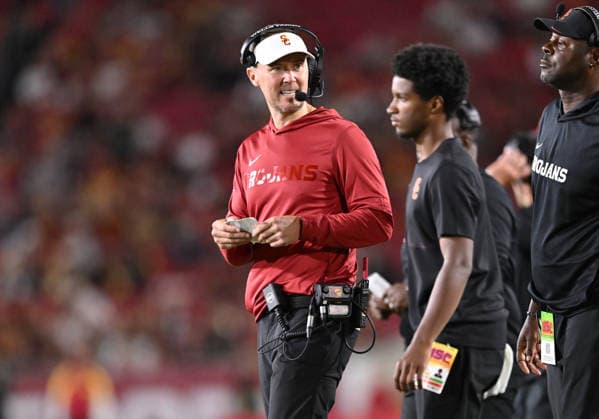LOS ANGELES, CA - SEPTEMBER 04: Southern California Trojans head coach Lincoln Riley on the sidelines during the game between the USC Trojans and the Fresno State Bulldogs on September 04, 2026 at Los Angeles Memorial Coliseum in Los Angeles. (Photo by David Dennis Icon Sportswire) COLLEGE FOOTBALL: SEP 04 Fresno State at USC EDITORIAL USE ONLY Icon26090440