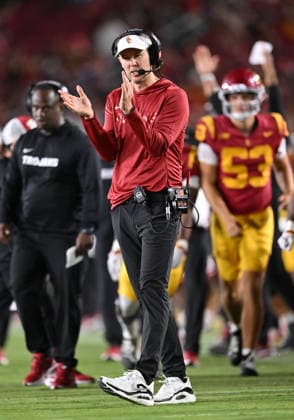 LOS ANGELES, CA - SEPTEMBER 04: Southern California Trojans head coach Lincoln Riley reacts after a touchdown during the game between the USC Trojans and the Fresno State Bulldogs on September 04, 2026 at Los Angeles Memorial Coliseum in Los Angeles. (Photo by David Dennis Icon Sportswire) COLLEGE FOOTBALL: SEP 04 Fresno State at USC EDITORIAL USE ONLY Icon26090445