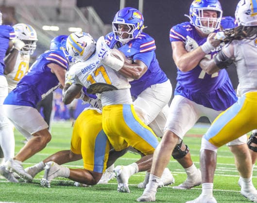 Sep 4, 2026: Kansas Jayhawks offensive lineman Antonio Wilson (76) pancakes Long Island Sharks defensive lineman Phillip Baynes Jr. (17) in Lawrence, KS, USA; at Memorial Stadium. Mandatory Credit: -Cal Media NCAA, College League, USA Football 2026: LIU Vs Kansas SEP 04  - ZUMAc04_ 20260904_zma_c04_081 Copyright: xRomanxPunox