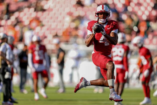 PALO ALTO, CA - SEPTEMBER 04: Stanford Cardinal wide receiver Jordan Onovughe (4) makes a catch before a college football game between the Miami Hurricanes and Stanford Cardinal on September 4, 2026 at Stanford Stadium in Palo Alto, CA. (Photo by Trinity Machan Icon Sportswire) COLLEGE FOOTBALL: SEP 04 Miami at Stanford EDITORIAL USE ONLY Icon260904000161611