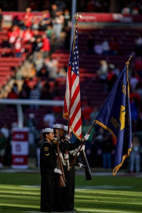 PALO ALTO, CA - SEPTEMBER 04: U.S. Naval Sea Cadet colorguard present the American flag on the field Stanford Cardinal during a college football game between the Miami Hurricanes and Stanford Cardinal on September 4, 2026 at Stanford Stadium in Palo Alto, CA. (Photo by Trinity Machan Icon Sportswire) COLLEGE FOOTBALL: SEP 04 Miami at Stanford EDITORIAL USE ONLY Icon260904000162261