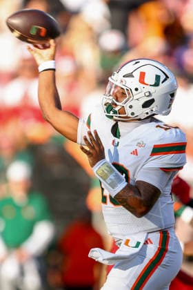 PALO ALTO, CA - SEPTEMBER 04: Miami Hurricanes quarterback Darian Mensah (10) throws a pass during a college football game between the Miami Hurricanes and Stanford Cardinal on September 4, 2026 at Stanford Stadium in Palo Alto, CA. (Photo by Trinity Machan Icon Sportswire) COLLEGE FOOTBALL: SEP 04 Miami at Stanford EDITORIAL USE ONLY Icon260904000162463