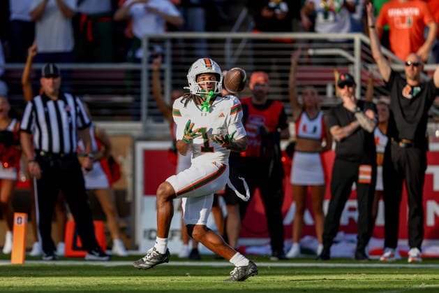 PALO ALTO, CA - SEPTEMBER 04: Miami Hurricanes wide receiver Malachi Toney (1) makes a catch runs in for a touchdown during a college football game between the Miami Hurricanes and Stanford Cardinal on September 4, 2026 at Stanford Stadium in Palo Alto, CA. (Photo by Trinity Machan Icon Sportswire) COLLEGE FOOTBALL: SEP 04 Miami at Stanford EDITORIAL USE ONLY Icon260904000162517