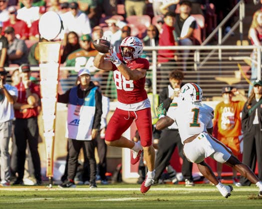 PALO ALTO, CA - SEPTEMBER 04: Stanford Cardinal tight end Benji Blackburn (88) makes a catch for a first down during a college football game between the Miami Hurricanes and Stanford Cardinal on September 4, 2026 at Stanford Stadium in Palo Alto, CA. (Photo by Trinity Machan Icon Sportswire) COLLEGE FOOTBALL: SEP 04 Miami at Stanford EDITORIAL USE ONLY Icon260904000162991