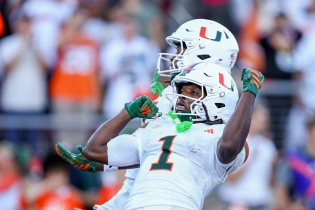 PALO ALTO, CA - SEPTEMBER 04: Miami Hurricanes wide receiver Malachi Toney (1) celebrates after scoring a touchdown during a college football game between the Miami Hurricanes and Stanford Cardinal on September 4, 2026 at Stanford Stadium in Palo Alto, CA. (Photo by Trinity Machan Icon Sportswire) COLLEGE FOOTBALL: SEP 04 Miami at Stanford EDITORIAL USE ONLY Icon260904000163224