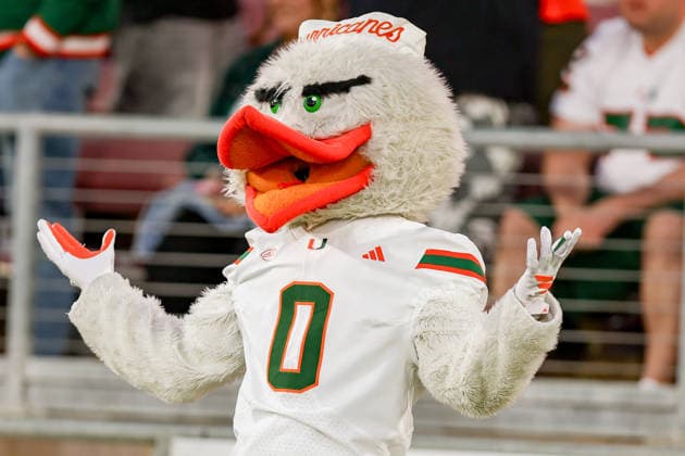 PALO ALTO, CA - SEPTEMBER 04: Miami Hurricanes mascot reacts after Miami Hurricanes score a touchdown during a college football game between the Miami Hurricanes and Stanford Cardinal on September 4, 2026 at Stanford Stadium in Palo Alto, CA. (Photo by Trinity Machan Icon Sportswire) COLLEGE FOOTBALL: SEP 04 Miami at Stanford EDITORIAL USE ONLY Icon260904000163244