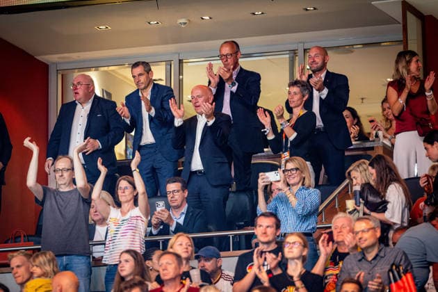 Basketball Berlin, September 4, 2026—FIBA Women’s Basketball World Cup Germany 2026, Preliminary Round, Group: Spain (ESP) vs. Germany (GER). Federal Chancellor Friedrich Merz in attendance; Ronald Rauhe, Minister of State for Sports; Info Weiss; Kai Wegner from my team.