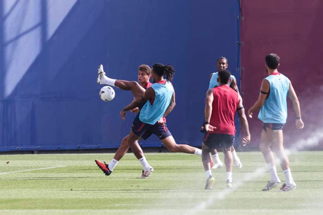 September 5, 2026, Sant Joan Despi, Barcelona, Spain: Jules Kounde and Hamza Abdelkarim during the training day of FC Barcelona, Barca ahead the Spanish League, Laliga EA Sports, football match against Valencia CF at Ciudad Esportiva Joan Gamper on September 05, 2026 in Sant Joan Despi, Barcelona, Spain. Sant Joan Despi Spain - ZUMAa181 20260905_zaa_a181_019 Copyright: xJavierxBorregox