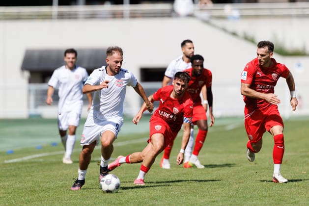 Jeton Abazi 9, TSV Landsberg, and Samed Bahar 8, TSV Buchbach, in the match between TSV Landsberg and TSV Buchbach, soccer, men s, Bavarian Regional League, 2026–2027, Matchday 7 on September 5, 2026, in Landsberg am Lech, Sportpark, Bavaria, Germany