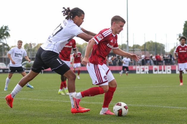 September 5, 2026, Soccer, Men s, 2026–2027 Season, Bavarian Regional League, Matchday 7: 1 FC Nürnberg II vs. FC Schweinfurt 05. From left: Morris Adelabu (FC Schweinfurt 05, No. 27) against Tobias Heß (1 FC Nürnberg II, No. 43). Nürnberg Max Morlock Field at Sportpark V, Bavaria, Germany
