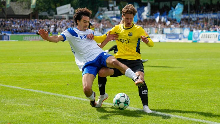 September 5, 2026, Hänsch Arena, Meppen, GER, 3rd Division, Matchday 4: SV Meppen vs. 1 FC Saarbrücken, Niclas Nadj, SV Meppen 40, vs. Daniel Gleiber, 1 FC Saarbrücken 5. DFL REGULATIONS PROHIBIT ANY USE OF PHOTOGRAPHS AS IMAGE SEQUENCES AND OR QUASI-VIDEO. Meppen, Lower Saxony, Hänsch Arena