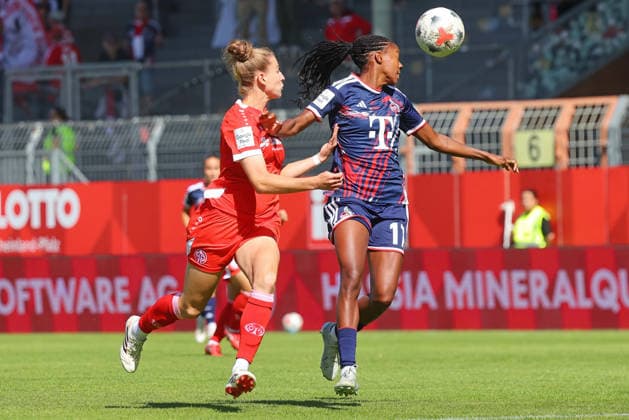 Sport Bilder des Tages Mainz, Deutschland 05. September 2026: 1. BL Frauen - 2026 2027 - Sp. 3 - 1. FSV Mainz 05 gegen 1. FC Köln Im Bild: v. li. im Zweikampf Saskia Matheis (FSV) gegen Lydia Andrade (1. FC). DFL DFB regulations prohibit any use of photographs as image sequences and or quasi-video Bruchwegstadion Rheinland - Pfalz *** Mainz, Germany, September 5, 2026, Women’s Bundesliga 1, 2026–2027, Matchday 3: FSV Mainz 05 vs. 1. FC Köln. Pictured from left: Saskia Matheis (FSV) in a tackle against Lydia Andrade (1. FC). DFL and DFB regulations prohibit any use of photographs as image sequences and or quasi-video. Bruchwegstadion, Rhineland-Palatinate Copyright: xFotostandx xRacochax