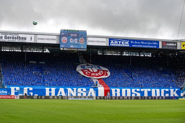 Rostock, Germany, September 5, 2026, 3. Liga 2026–2027, Matchday 4: FC Hansa Rostock vs. SV Wehen Wiesbaden. Pictured: Hansa fans in the South Stand with a choreographed display. DFB and DFL regulations prohibit any use of photographs as image sequences and or quasi-video. Copyright: xFotostandx xVoelkerx