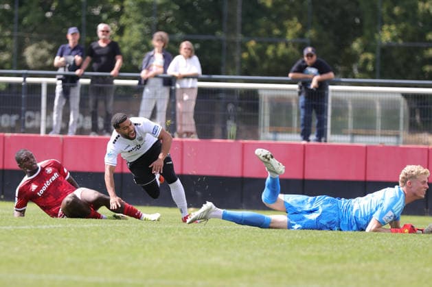 September 5, 2026, Soccer, Men s, 2026–2027 Season, Bavarian Regional League, Matchday 7: 1. FC Nürnberg II vs. FC Schweinfurt 05. From left: Farid Maboa Dibamba (1. FC Nürnberg II, No. 49) against Jason Prodanovic (FC Schweinfurt 05, No. 17) at the Max Morlock Stadium in the Sportpark V, Bavaria, Germany