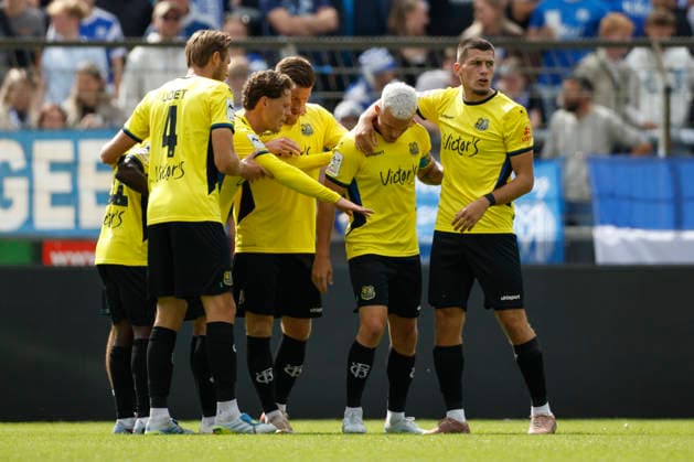 September 5, 2026, Hänsch Arena, Meppen, GER, 3rd Division, Matchday 4: SV Meppen vs. 1 FC Saarbrücken, Saarbrücken celebrates after the 0–2 goal by Florian Pick. 1 FC Saarbrücken 20. DFL regulations prohibit any use of photographs as image sequences and or quasi-video. Meppen, Lower Saxony, Hänsch Arena