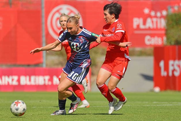 Mainz, Deutschland 05. September 2026: 1. BL Frauen - 2026 2027 - Sp. 3 - 1. FSV Mainz 05 gegen 1. FC Köln Im Bild: v. li. im Zweikampf Sophie Nachtigall (1. FC) gegen Yurina Imai (FSV). DFL DFB regulations prohibit any use of photographs as image sequences and or quasi-video Bruchwegstadion Rheinland - Pfalz *** Mainz, Germany, September 5, 2026, Women’s Bundesliga 1, 2026–2027 Season, Matchday 3: FSV Mainz 05 vs. 1. FC Köln. Pictured from left: Sophie Nachtigall (1. FC Köln) in a tackle against Yurina Imai (FSV Mainz 05). DFL and DFB regulations prohibit any use of photographs as image sequences and or quasi-video. Bruchwegstadion, Rhineland-Palatinate Copyright: xFotostandx xRacochax