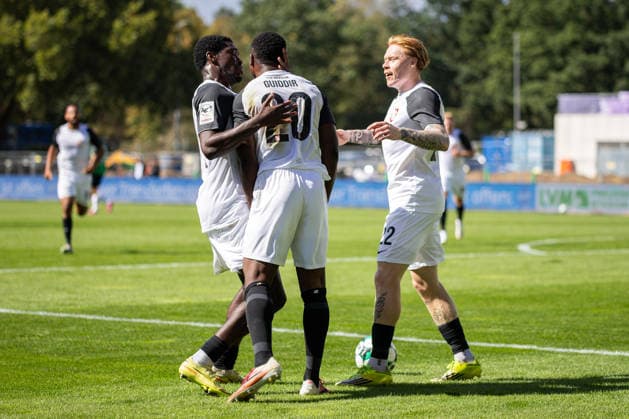 Alexander Guiddir of TSV Havelse, 20 (center), celebrates his goal to tie the game at 1–1 with Leon Sommer Deiss of TSV Havelse, 22 (left), and Leon Sommer Deiss of TSV Havelse, 22 (right), GER, SC Preussen Münster vs. TSV Havelse, soccer, 3rd Division, Matchday 4, 2026–2027 season, September 5, 2026 DFL regulations prohibit any use of photographs as image sequences and or quasi-video GER, SC Preussen Münster vs. TSV Havelse, soccer, 3rd League, Matchday 4, 2026–2027 season, September 5, 2026, Münster Copyright: xEibner-Pressefoto JanxRollingerx EP_JSK