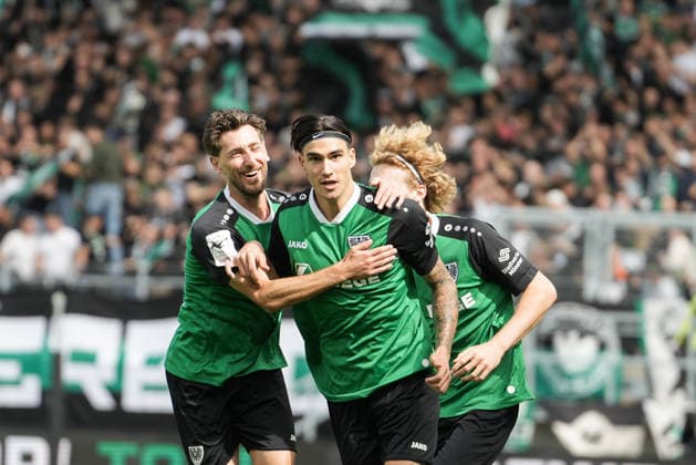 Germany 3rd Division 2026–2027, Matchday 4: SC Preußen Münster vs. TSV Havelse, Saturday, September 5, 2026, LVM Preußenstadion, Münster, North Rhine-Westphalia, Germany; Goal celebration, joy, emotions; Goal to make it 1–0 by Antonio Tikvic of SC Preußen Münster, 4: Cheers from Charalambos Makridis (SC Preußen Münster), 14: Niklas Varelmann (SC Preußen Münster), 36 Copyright: xMerlexKölkingx