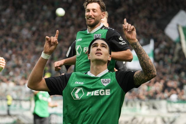 Germany 3rd Division 2026–2027, Matchday 4: SC Preußen Münster vs. TSV Havelse, Saturday, September 5, 2026, LVM Preußenstadion, Münster, North Rhine-Westphalia, Germany; goal celebration, joy, emotions; goal to make it 1–0 by Antonio Tikvic of SC Preußen Münster; 4 cheers Copyright: xMerlexKölkingx