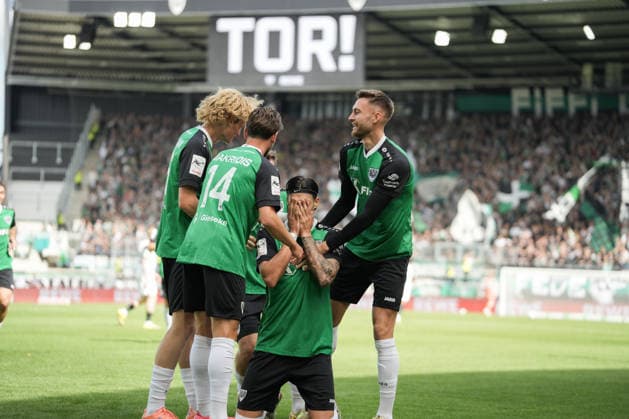 Germany 3rd Division 2026–2027, Matchday 4: SC Preußen Münster vs. TSV Havelse, Saturday, September 5, 2026, LVM Preußenstadion, Münster, North Rhine-Westphalia, Germany; Goal celebration, joy, emotions; Goal to make it 1–0 by Antonio Tikvic (SC Preußen Münster); 4 Celebrating with Felix Higl (SC Preußen Münster); No. 33 Charalambos Makridis (SC Preußen Münster), No. 14 Niklas Varelmann (SC Preußen Münster), No. 36 Copyright: xMerlexKölkingx