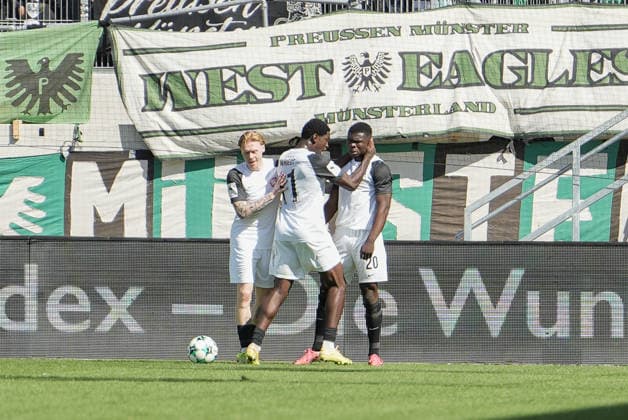 Germany 3rd Division 2026–2027, Matchday 4: SC Preußen Münster vs. TSV Havelse, Saturday, September 5, 2026, LVM Preußenstadion, Münster, North Rhine-Westphalia, Germany. Alexander Guiddir scores the 1-1 goal for TSV Havelse. TSV Havelse, 20: Goal celebration, joy, emotions. Kwasi Wriedt, TSV Havelse, 11 Copyright: xMerlexKölkingx
