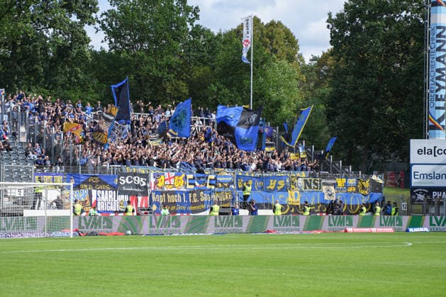German Soccer, 3rd Division, Matchday 4, Hänsch Arena, SV Meppen vs. 1 FC Saarbrücken—Saarbrücken fans in the visitors section in Meppen Copyright: xMichelxWittex