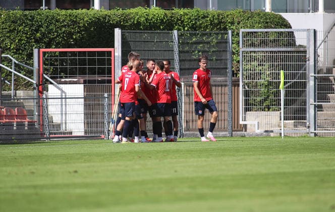 Soccer, Men s, Bavarian Regional League, 2026–2027 Season, SpVgg Unterhaching vs. FC Augsburg II, Amateurs 3–0, goal by Marinus Spann (SpVgg Unterhaching), celebration