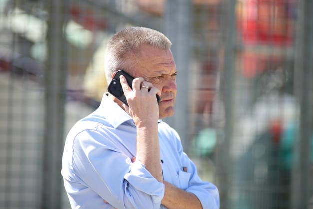 Soccer, Men s, Bavarian Regional League, 2026–2027 Season, SpVgg Unterhaching vs. FC Augsburg II, Amateurs, Manfred Schwabl, President of SpVgg Unterhaching, on the phone, talking on the phone, cell phone, smartphone