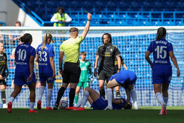 RECORD DATE NOT STATED 5th September 2026; Stamford Bridge, London, England: Womens Super League Football, Chelsea versus Aston Villa Women; Miri Taylor of Aston Villa receives a yellow card KatiexChan