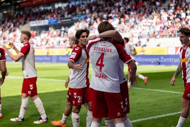 September 5, 2026, Soccer, GER, Season, 3rd Division, 2026–2027 Season, Matchday 4, SSV Jahn Regensburg vs. MSV Duisburg: Celebrations after Lucas Hermes’s 1–0 goal for SSV Jahn Regensburg. DFL regulations prohibit any use of photographs as image sequences and or quasi-video.