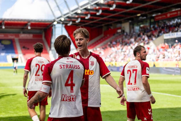 September 5, 2026, Soccer, GER, Season, 3rd Division, 2026–2027 Season, Matchday 4, SSV Jahn Regensburg vs. MSV Duisburg: Celebrations after Lucas Hermes’s 1–0 goal for SSV Jahn Regensburg. DFL regulations prohibit any use of photographs as image sequences and or quasi-video.