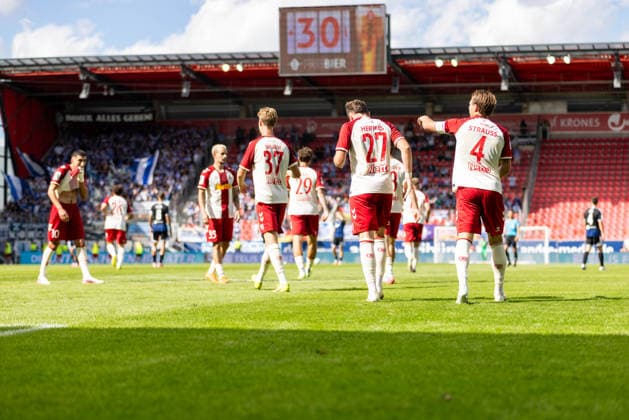 September 5, 2026, Soccer, GER, Season, 3rd Division, 2026–2027 Season, Matchday 4, SSV Jahn Regensburg vs. MSV Duisburg: Celebrations after Lucas Hermes’s 1–0 goal for SSV Jahn Regensburg. DFL regulations prohibit any use of photographs as image sequences and or quasi-video.