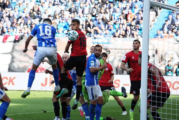 FC Hansa Rostock vs. Wehen Wiesbaden, Rostock, September 5, 2026, Soccer 3rd Division: FC Hansa Rostock 1, Wehen Wiesbaden 0; Lukas Wallner scores a header for FC Hansa Rostock; Rostock Ostseestadion, Mecklenburg-Western Pomerania, Germany