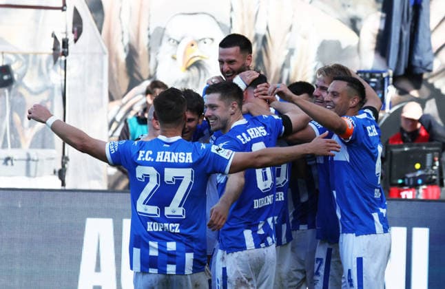 FC Hansa Rostock vs. Wehen Wiesbaden, Rostock, September 5, 2026, Soccer 3rd Division: FC Hansa Rostock 1, Wehen Wiesbaden 0; Lukas Wallner; FC Hansa Rostock celebrates at the Ostseestadion in Rostock, Mecklenburg-Western Pomerania, Germany