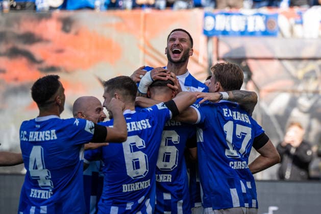 Rostock, Germany, September 5, 2026, 3. Liga 2026–2027, Matchday 4: FC Hansa Rostock vs. SV Wehen Wiesbaden. Pictured, second from the right: Leon Dajaku (Hansa Rostock); third from the right: Lukas Wallner (Hansa Rostock) celebrates after scoring the 1–0 goal. DFB DFL regulations prohibit any use of photographs as image sequences and or quasi-video Copyright: xFotostandx xVoelkerx