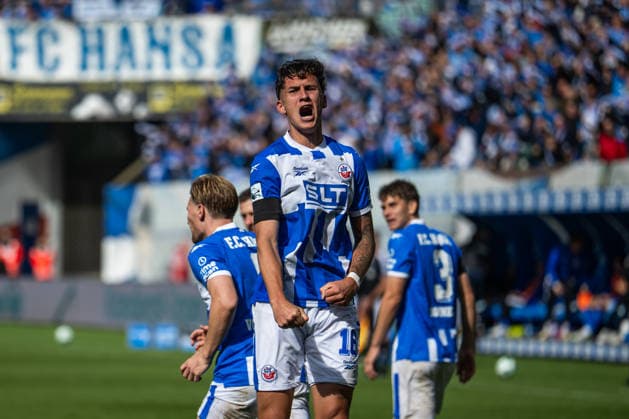 Rostock, Germany, September 5, 2026, 3. Liga 2026–2027, Matchday 4: FC Hansa Rostock vs. SV Wehen Wiesbaden. Pictured: Lukas Wallner. Hansa Rostock celebrates after his goal to make it 1–0. DFB and DFL regulations prohibit any use of photographs as image sequences and or quasi-video. Copyright: xFotostandx xVoelkerx