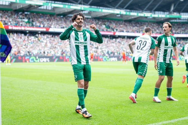 1. Bundesliga: SV Werder Bremen - RB Leipzig am 05.09.2026 im Weserstadion in Bremen Jubel, Torjubel, Torschuetze, Torschütze Eren Dinkci (Bremen) jubelt nach seinem Tor zum 1:0. *** 1 Bundesliga: SV Werder Bremen vs. RB Leipzig on September 5, 2026, at the Weserstadion in Bremen—Cheers, goal celebrations, goal scorers, goal scorer Eren Dinkci; Bremen celebrates after his goal to make it 1–0 MT
