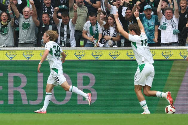 05.09.2026, xrekx, Fussball 1.Bundesliga, Borussia Moenchengladbach - SV Elversberg v.l. Torjubel nach dem Tor zum celebrating the goal celebrate 1:0 durch Hugo Bolin (Borussia Moenchengladbach) (DFL DFB REGULATIONS PROHIBIT ANY USE OF PHOTOGRAPHS as IMAGE SEQUENCES and or QUASI-VIDEO) Moenchengladbach *** September 5, 2026, xrekx, Soccer, Bundesliga 1, Borussia Mönchengladbach vs. SV Elversberg: Goal celebration after Hugo Bolin’s 1–0 goal for Borussia Mönchengladbach. DFL and DFB regulations prohibit any use of photographs as image sequences and or quasi-video. Mönchengladbach