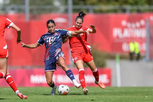 GER, Mainz, FSV Mainz 05 vs 1. FC Köln, Google Pixel Frauen Bundesliga, Fussball, DFB, Spielzeit 2026 2027, Bruchwegstadion, 3. Spieltag im Bild v.l.: Laura Feiersinger (FC Köln Frauen 27), Vital Kats (Mainz 05 Frauen 30) DFB DFL REGULATIONS PROHIBIT ANY USE OF PHOTOGRAPHS AS IMAGE SEQUENCES AND OR QUASI-VIDEO, 05.09.2026 *** GER, Mainz, FSV Mainz 05 vs. 1. FC Köln, Google Pixel Women’s Bundesliga, Soccer, DFB, 2026–2027 Season, Bruchwegstadion, Matchday 3 in pictures: from left, Laura Feiersinger (FC Köln Women, 27) and Vital Kats (Mainz 05 Women, 30). DFB and DFL regulations prohibit any use of photographs as image sequences and or quasi-video, September 5, 2026 Copyright: HMBxMedia HendrikxHamelau