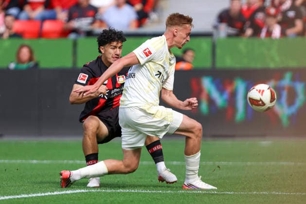 Ibrahim Maza (Bayer 04 Leverkusen) und Zeno Van den Bosch (1.FC Union Berlin) im Zweikampf waehrend des Spiels der 1. Bundesliga zwischen Bayer 04 Leverkusen und 1. FC Union Berlin, BayArena am 05. September 2026 in Leverkusen, Deutschland. (Foto von Oliver Kaelke DeFodi Images) +++ Ibrahim Maza (Bayer 04 Leverkusen) und Zeno Van den Bosch (1.FC Union Berlin) battle for the ball during the Bundesliga match between Bayer 04 Leverkusen and 1. FC Union Berlin at BayArena on September 5, 2026 in Leverkusen, Germany. (Photo by Oliver Kaelke DeFodi Images) DFB DFL REGULATIONS PROHIBIT ANY USE OF PHOTOGRAPHS AS IMAGE SEQUENCES AND OR QUASI-VIDEO. (Photo by Oliver Kaelke DeFodi Images) - *** Ibrahim Maza of Bayer 04 Leverkusen and Zeno Van den Bosch of 1. FC Union Berlin battle for the ball during the Bundesliga match between Bayer 04 Leverkusen and 1. FC Union Berlin at BayArena on September 5, 2026, in Leverkusen, Germany. Photo by Oliver Kaelke, DeFodi Images. Ibrahim Maza of Bayer 04 Leverkusen and Zeno Van den Bosch of 1. FC Union Berlin battle for the ball during the Bundesliga match between Bayer 04 Leverkusen and 1. FC Union Berlin at BayArena on September 5, 2026 in Leverkusen, Germany Photo by Oliver Kaelke DeFodi Images DFB DFL REGULATIONS PROHIBIT ANY USE OF PHOTOGRAPHS AS IMAGE SEQUENCES AND OR QUASI-VIDEO Photo by Oliver Kaelke DeFodi Images