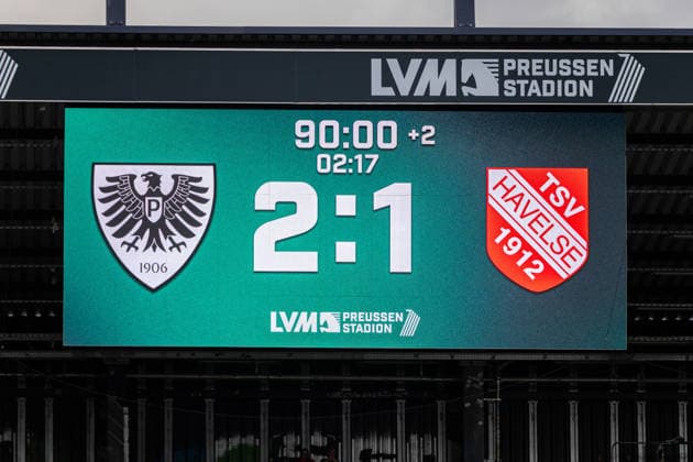 The final score of 2–1 is displayed on the scoreboard: GER, SC Preussen Münster vs. TSV Havelse, soccer, 3rd Division, Matchday 4, 2026–2027 season, September 5, 2026 DFL regulations prohibit the use of photographs as image sequences and or quasi-video GER, SC Preussen Münster vs. TSV Havelse, soccer, 3rd League, Matchday 4, 2026–2027 season, September 5, 2026, Münster Copyright: xEibner-Pressefoto JanxRollingerx EP_JSK
