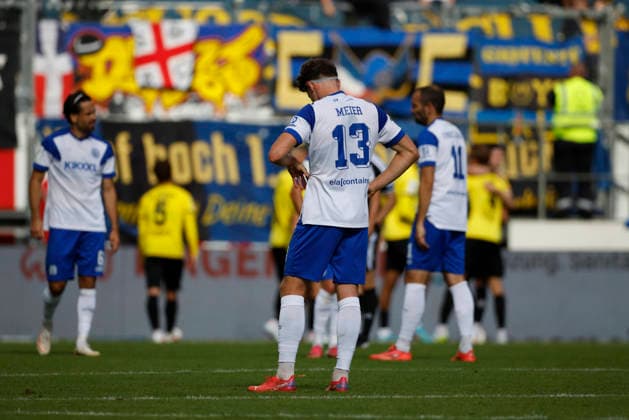 September 5, 2026, Hänsch Arena, Meppen, GER, 3rd Division, Matchday 4: SV Meppen vs. 1 FC Saarbrücken, Richard Meier of SV Meppen 13 frustrated after the 1–6 loss. DFL REGULATIONS PROHIBIT ANY USE OF PHOTOGRAPHS AS IMAGE SEQUENCES AND OR QUASI-VIDEO. Meppen, Lower Saxony, Hänsch Arena